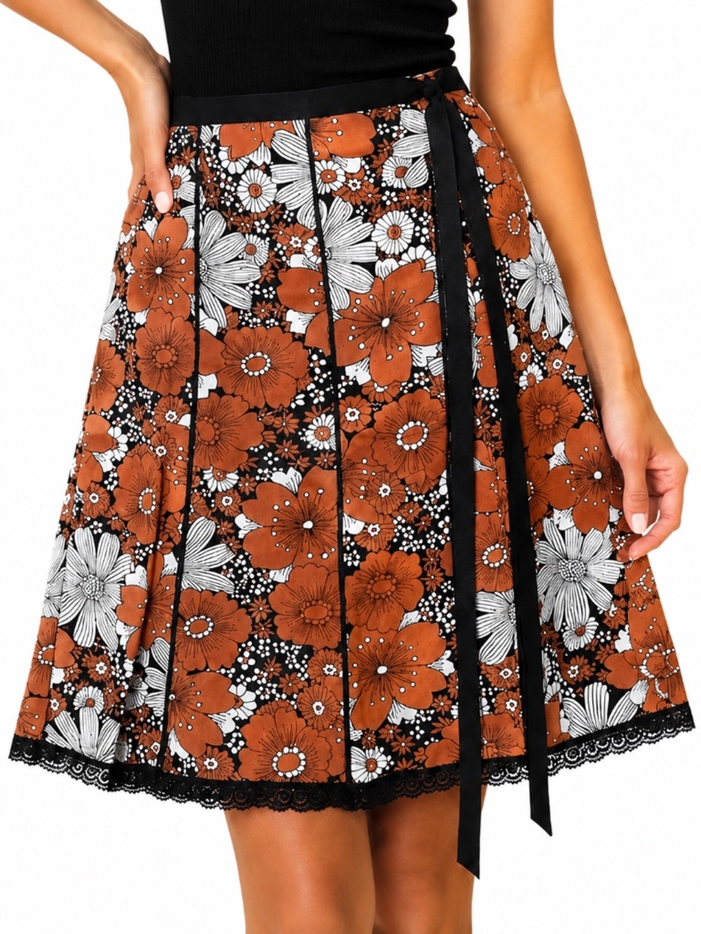 FOREVER 21 Cotton Knee length Floral Skirt with Lace Trim